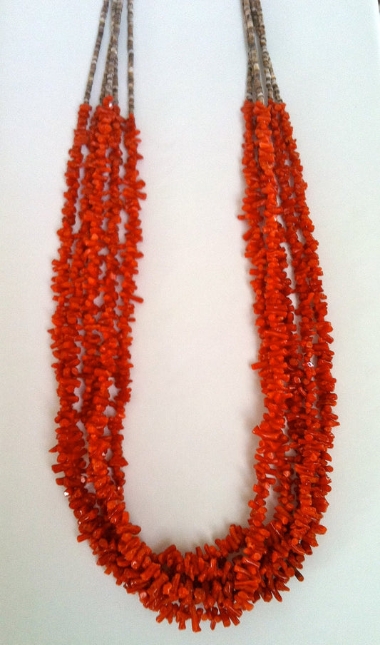 Vintage CORAL NATIVE American Hand Made 5 Strand Natural Coral Bead and Sterling Silver Statement Necklace