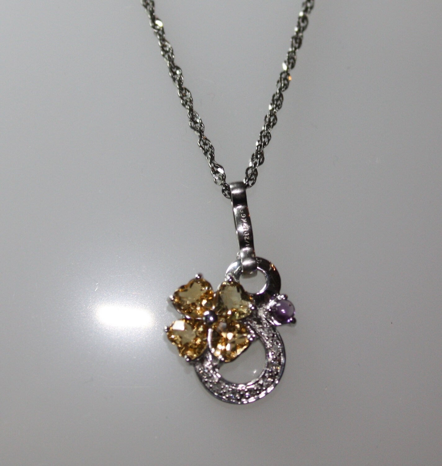 Vintage FLORAL CITRINE Hearts, Amethyst, and diamond Chain Pendant Necklace Choker in Sterling Silver