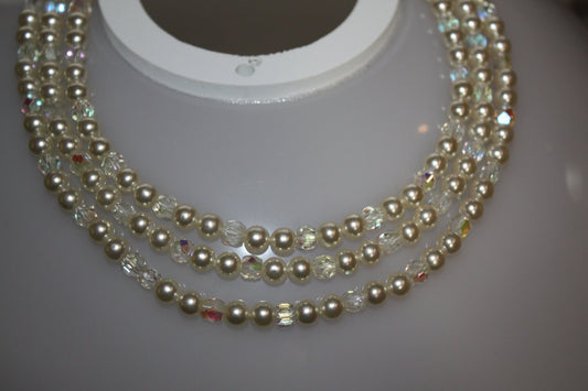 VINTAGE 3 Strand Pearl and Crystal CHOKER,  Vintage Necklace, 16"