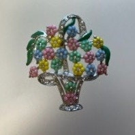 1950s Vintage FLORAL Pastel and Rhinestone BROOCH