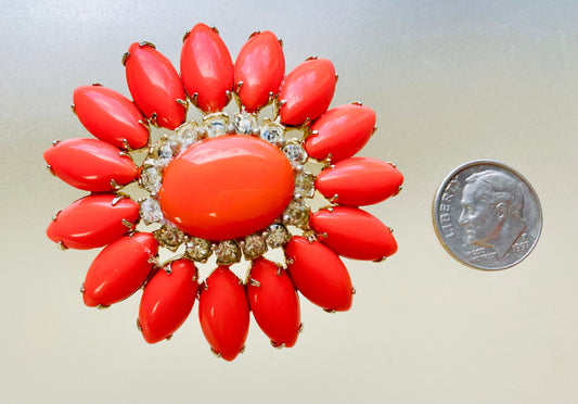 VINTAGE FLOWER Brooch, 1950s Large Coral- like and Rhinestone Floral Pin,  Fun Statement Brooch