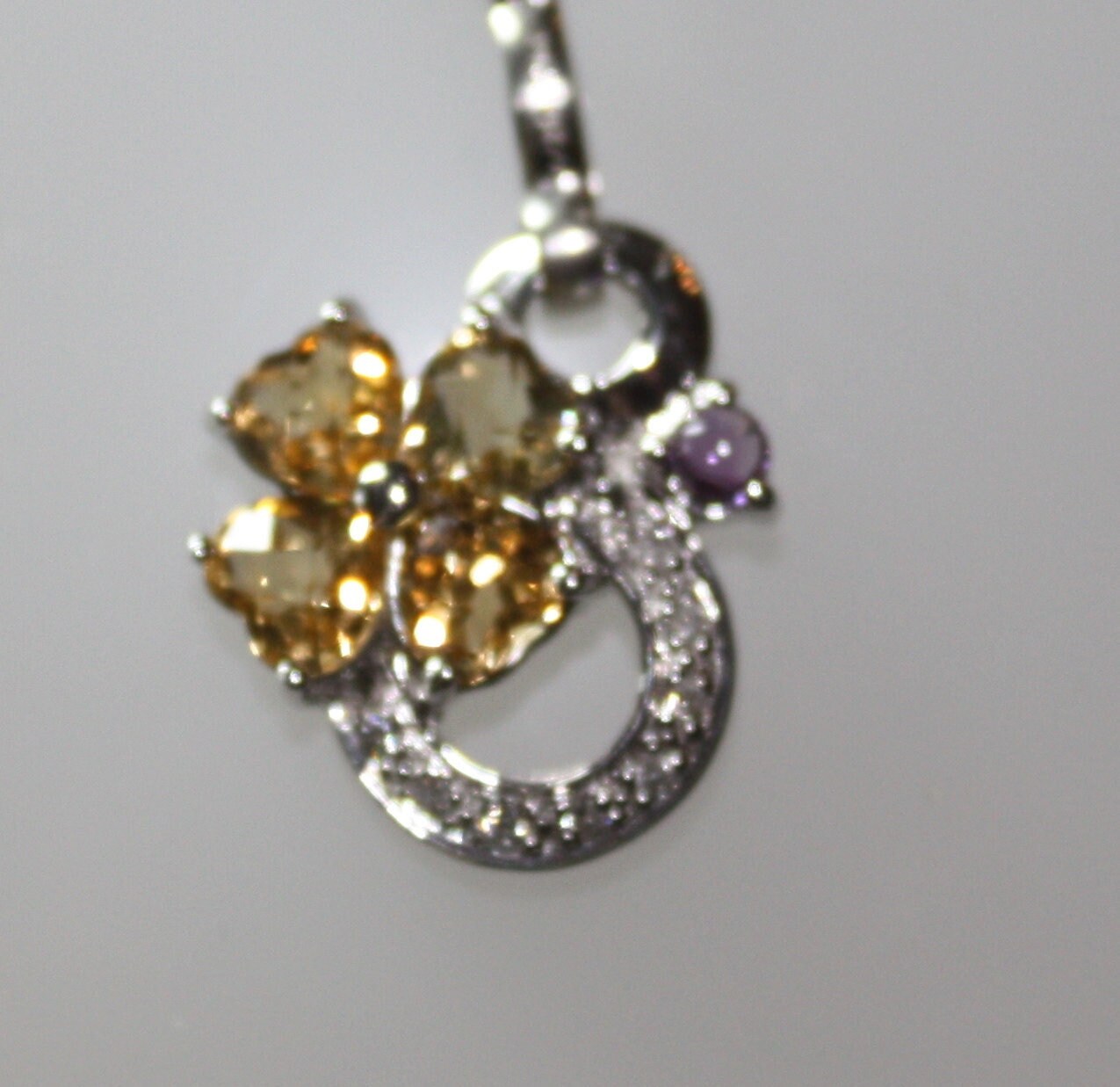 Vintage FLORAL CITRINE Hearts, Amethyst, and diamond Chain Pendant Necklace Choker in Sterling Silver