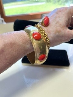 CORAL and BRONZE Bangle Bracelet, Statement Bangle,  8 inches