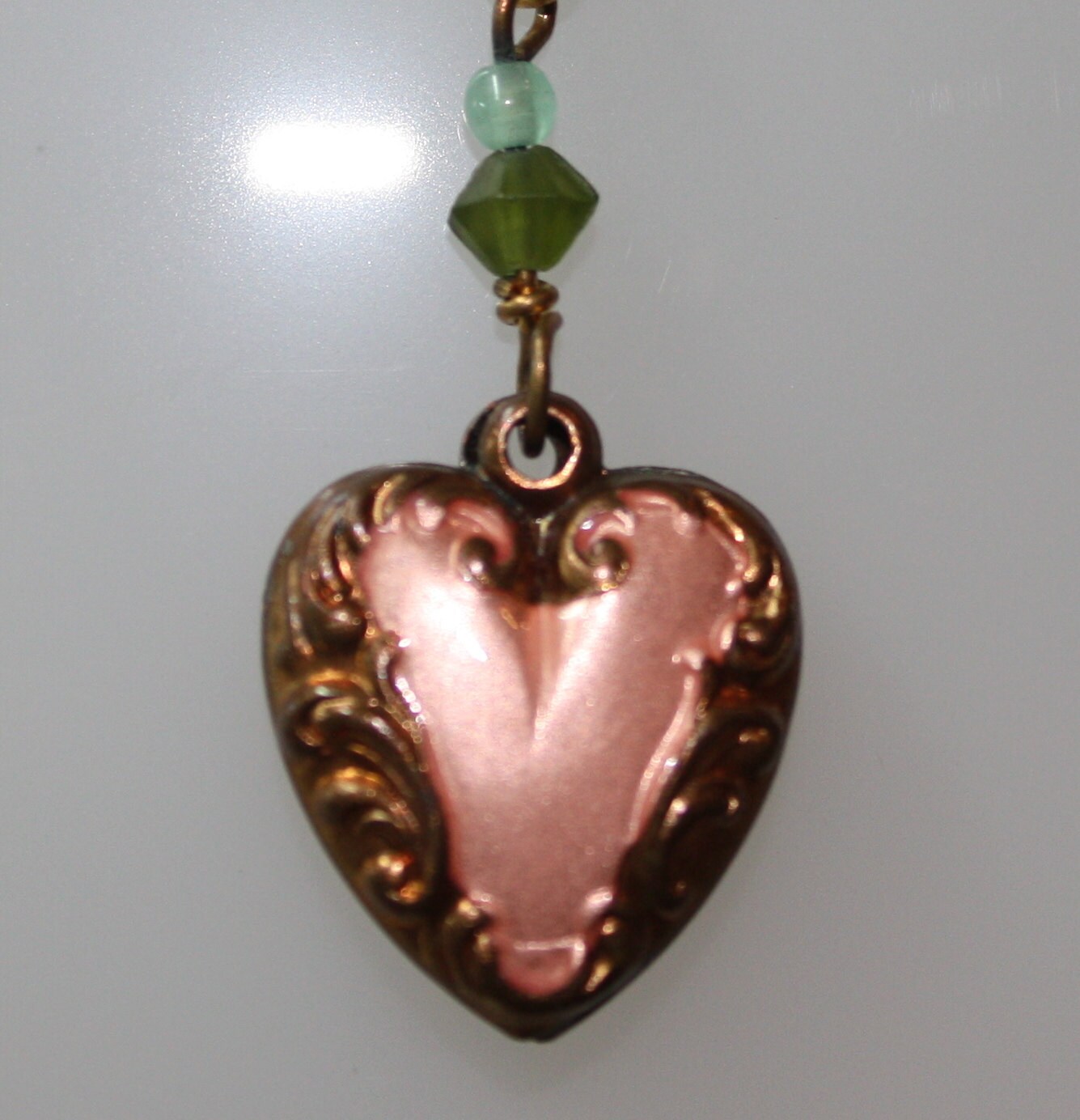 1980s Vintage Antique Rose Small Heart Pendant Necklace with Green beads on 18KG YG over 925 SS 18" Chain