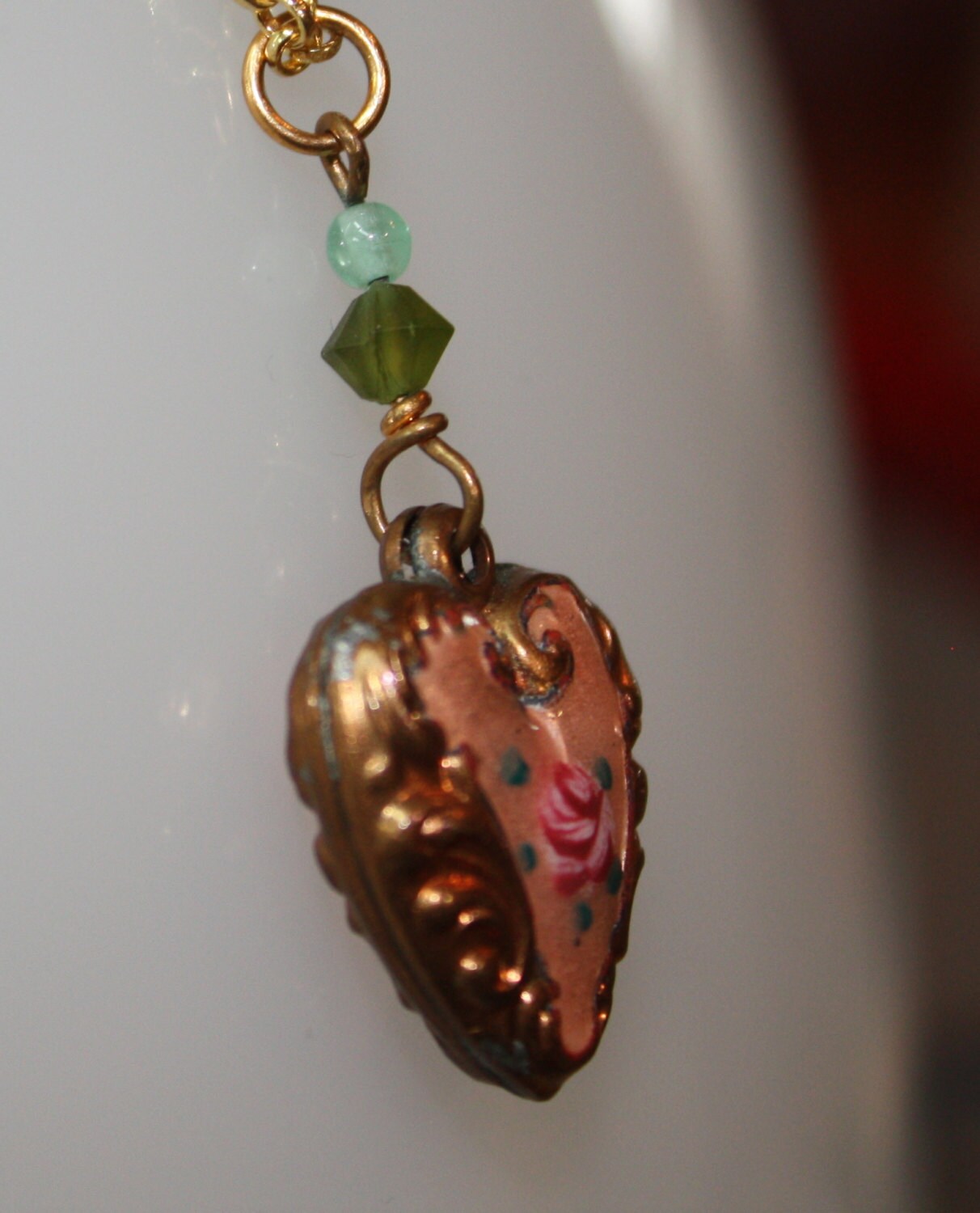 1980s Vintage Antique Rose Small Heart Pendant Necklace with Green beads on 18KG YG over 925 SS 18" Chain