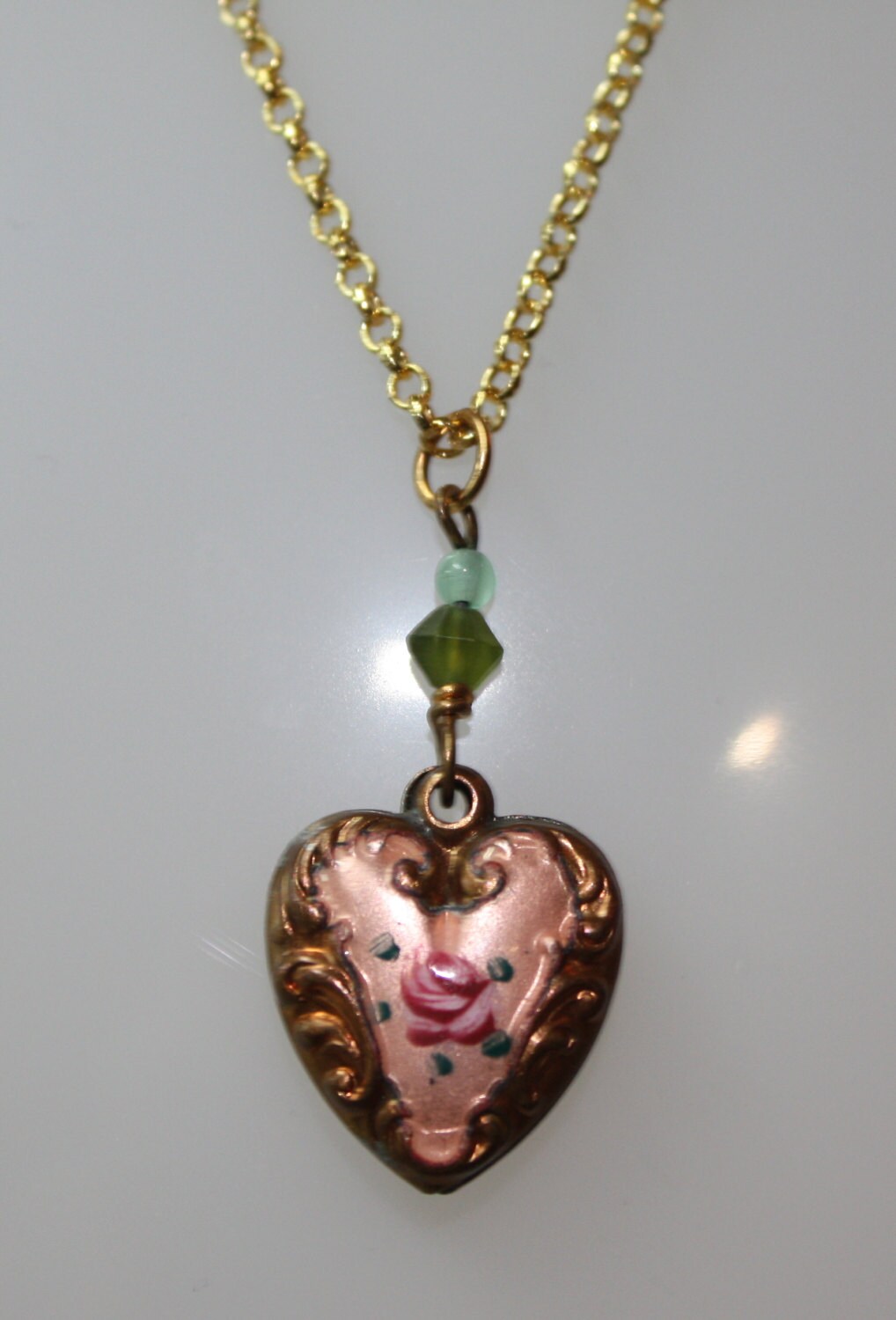 1980s Vintage Antique Rose Small Heart Pendant Necklace with Green beads on 18KG YG over 925 SS 18" Chain