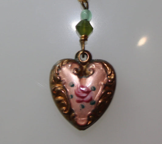 1980s Vintage Antique Rose Small Heart Pendant Necklace with Green beads on 18KG YG over 925 SS 18" Chain