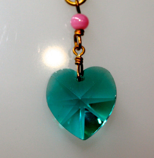 1980s Vintage Colorful Green-blue Faceted Glass HEART with Pink Bead PENDANT Necklace on 18" GF Chain