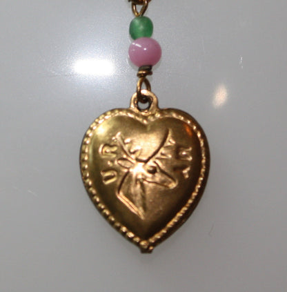 1980s VINTAGE Gold Tone Puffed Heart Pendant  Chain Necklace with green and pink Beads on 18" GF Chain