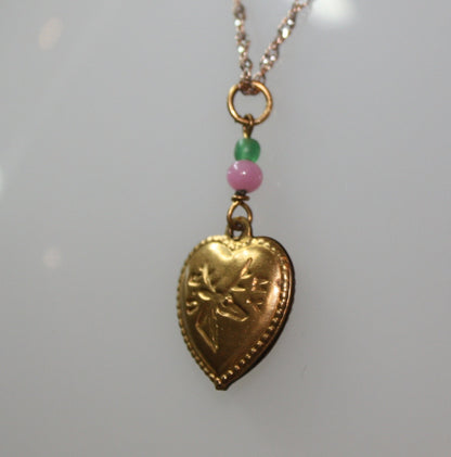 1980s VINTAGE Gold Tone Puffed Heart Pendant  Chain Necklace with green and pink Beads on 18" GF Chain