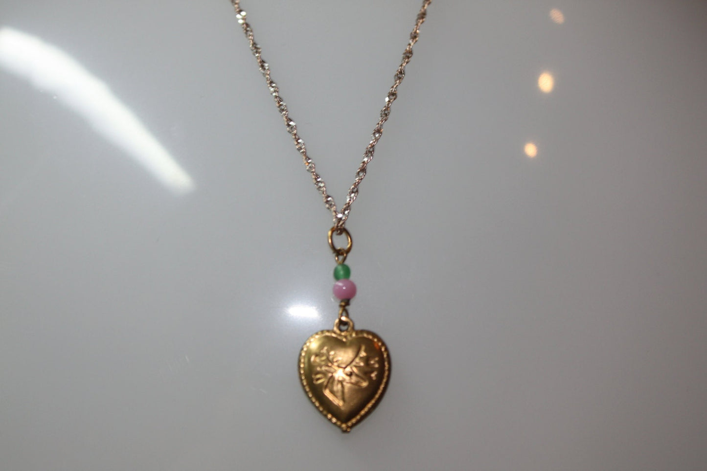 1980s VINTAGE Gold Tone Puffed Heart Pendant  Chain Necklace with green and pink Beads on 18" GF Chain