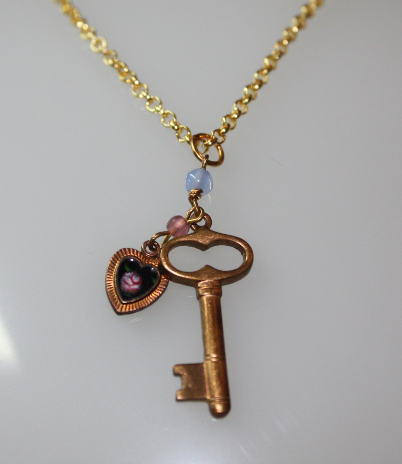 VINTAGE Key to Your Heart Pendant CHOKER, 18" Chain GF Chain