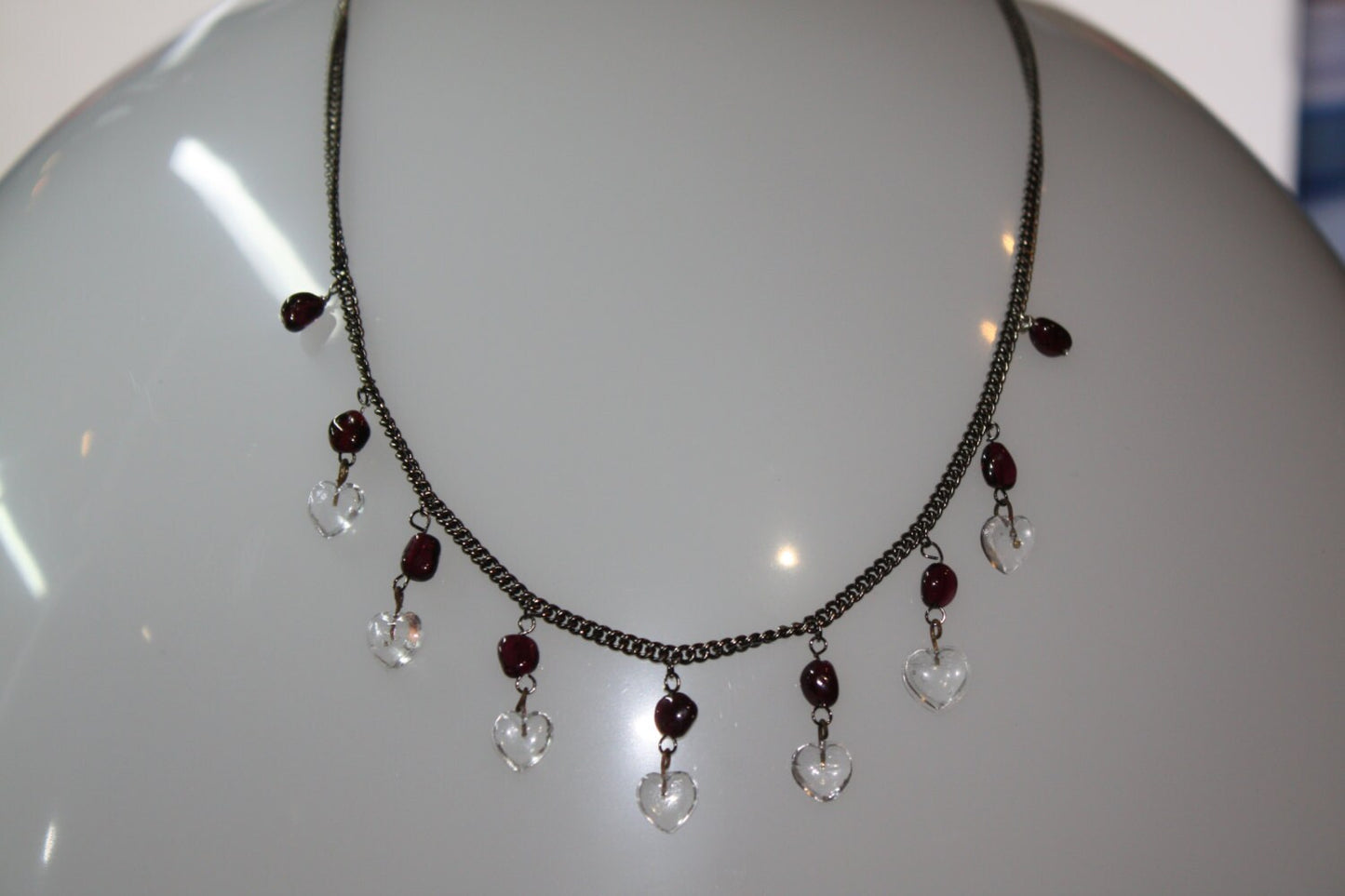 Victorian Style Vintage NECKLACE with Clear Glass Heart Charms and Dark Red Garnet Beads  23"