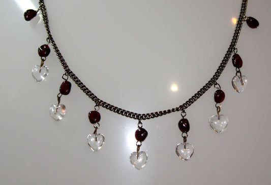 Victorian Style Vintage NECKLACE with Clear Glass Heart Charms and Dark Red Garnet Beads  23"