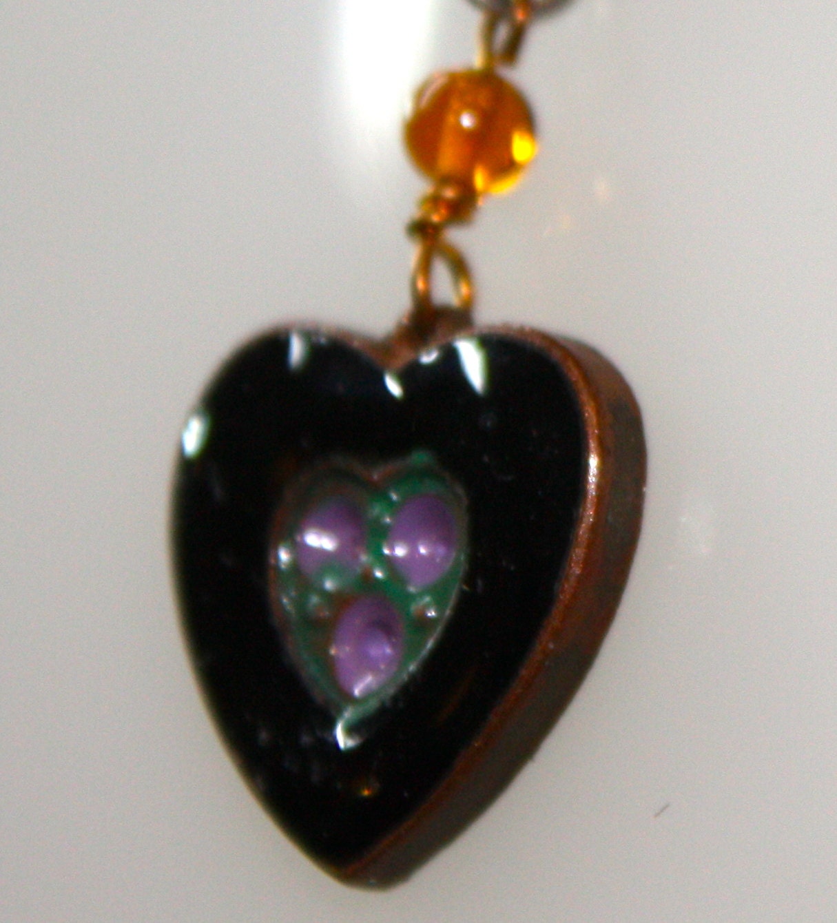 1980s Vintage Tiny Enameled Black, Purple and Green Heart Pendant on 18" Italian 925 SS Chain