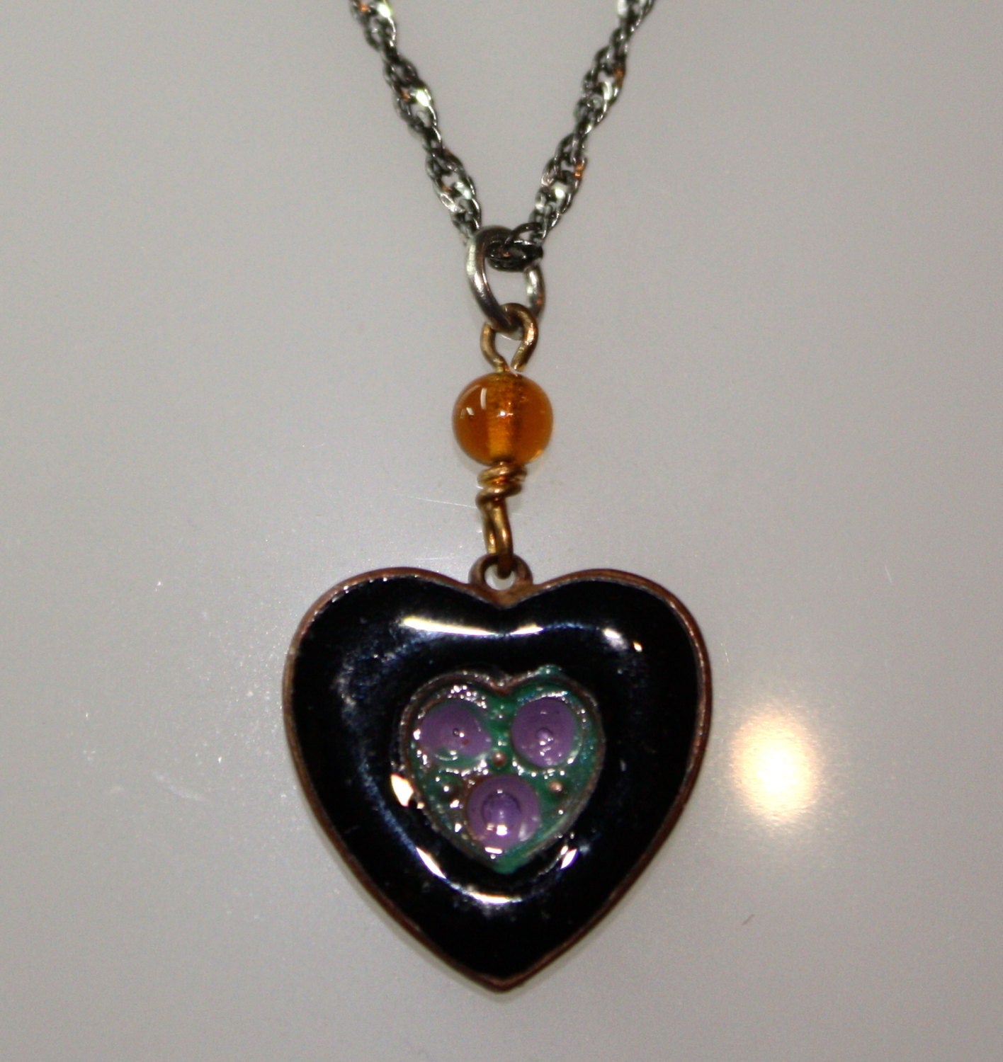 1980s Vintage Tiny Enameled Black, Purple and Green Heart Pendant on 18" Italian 925 SS Chain