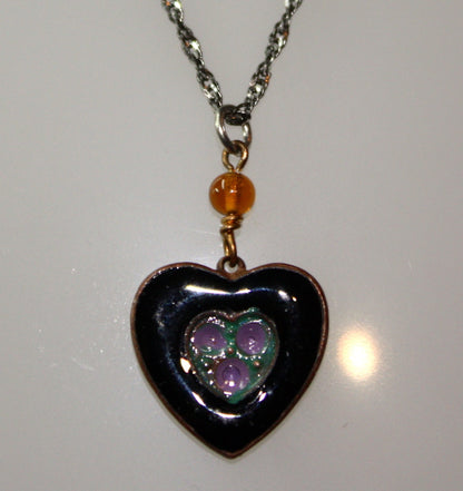 1980s Vintage Tiny Enameled Black, Purple and Green Heart Pendant on 18" Italian 925 SS Chain