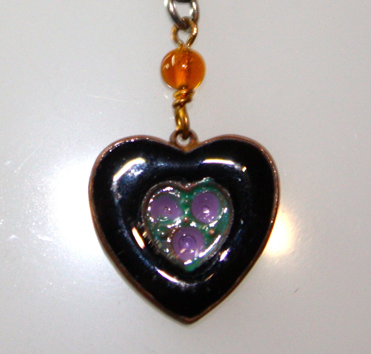 1980s Vintage Tiny Enameled Black, Purple and Green Heart Pendant on 18" Italian 925 SS Chain