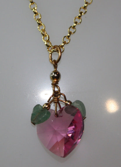 1980s Vintage Pink Heart Pendant CHAIN NECKLACE with 2 Green Glass Hearts on 18" ygp over 925 SS Chain