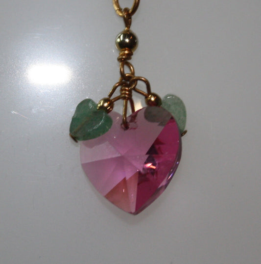 1980s Vintage Pink Heart Pendant CHAIN NECKLACE with 2 Green Glass Hearts on 18" ygp over 925 SS Chain