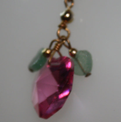 1980s Vintage Pink Heart Pendant CHAIN NECKLACE with 2 Green Glass Hearts on 18" ygp over 925 SS Chain