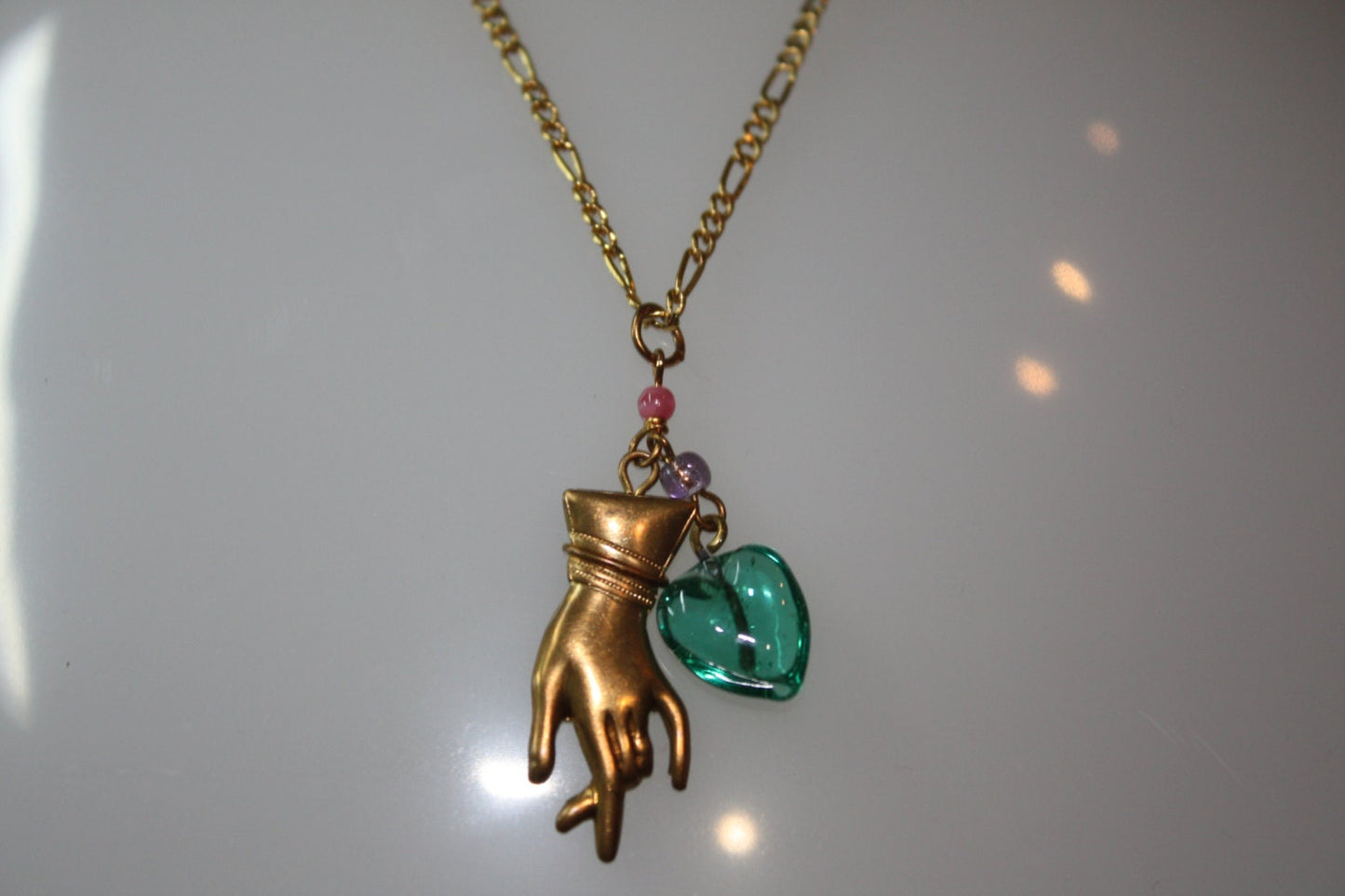 1980s Vintage Pendant CHAIN NECKLACE with Gold Glove and Green-blue Heart, on 16" gf Chain