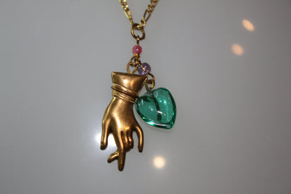 1980s Vintage Pendant CHAIN NECKLACE with Gold Glove and Green-blue Heart, on 16" gf Chain