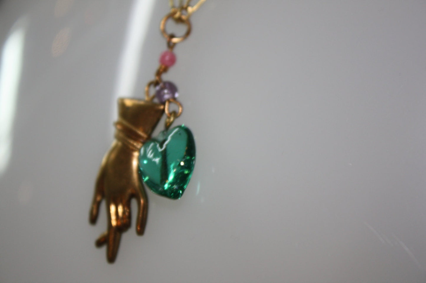 1980s Vintage Pendant CHAIN NECKLACE with Gold Glove and Green-blue Heart, on 16" gf Chain