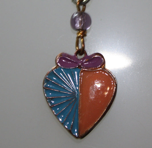 1980s, Small Vintage Blue & Peach Enameled Heart with a Lilac bow Pendant Chain Necklace on 925 SS Chain