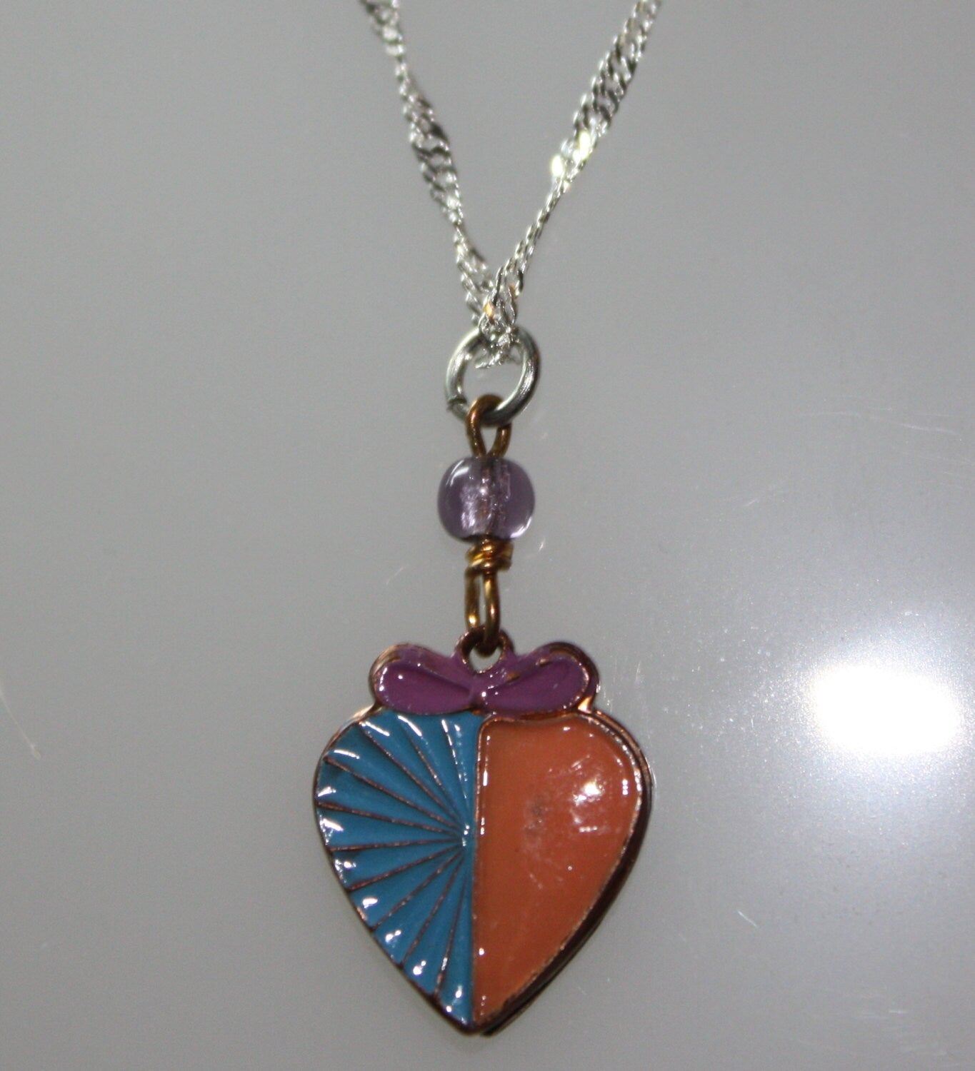 1980s, Small Vintage Blue & Peach Enameled Heart with a Lilac bow Pendant Chain Necklace on 925 SS Chain