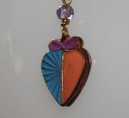 1980s, Small Vintage Blue & Peach Enameled Heart with a Lilac bow Pendant Chain Necklace on 925 SS Chain