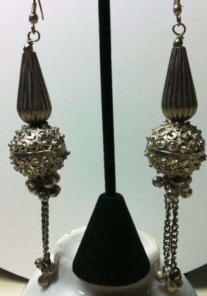 1960s VINTAGE Oxidized STERLING Earrings:  Tribal Jhumkas from Rajasthan