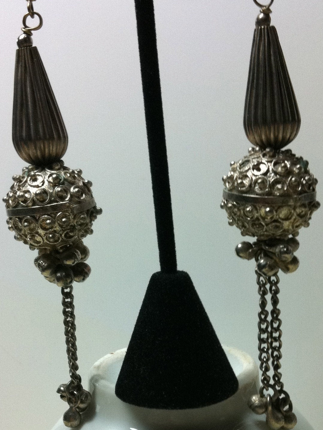 1960s VINTAGE Oxidized STERLING Earrings:  Tribal Jhumkas from Rajasthan