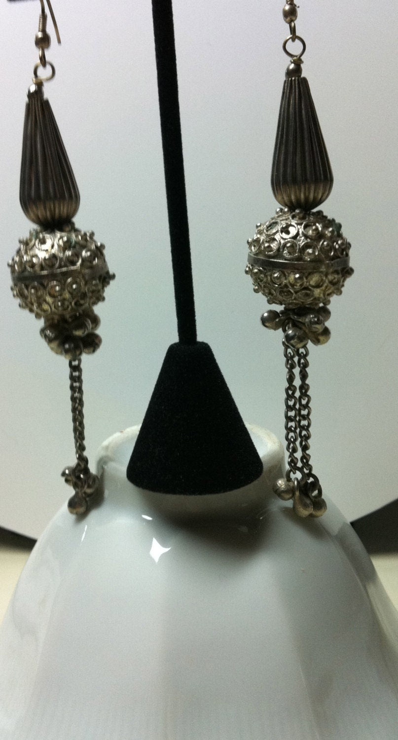 1960s VINTAGE Oxidized STERLING Earrings:  Tribal Jhumkas from Rajasthan