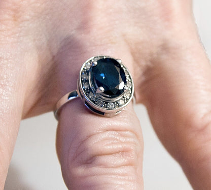 1950s Two Carat Oval Vintage SAPPHIRE and Diamond Ring, Medium Blue Sapphire RING, Size 5-1/2, Sapphire and Diamond Ring