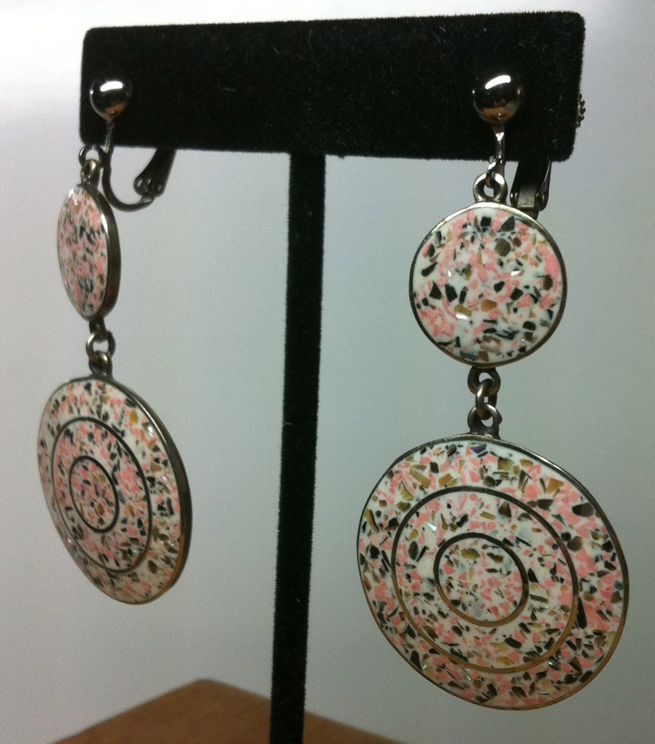 STERLING PINK Enameled Clip On & Screw Earrings, Statement Earrings,   2-1/2" long x 1-1/8" wide