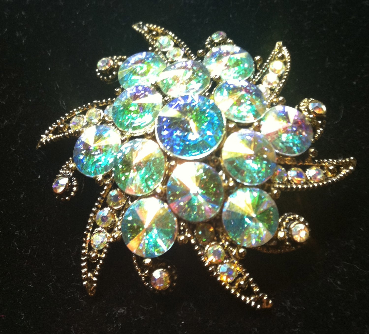 Vintage Jewelry 1940s Brooch, Wedding, Rhinestone, Aurora Borealis, Floral