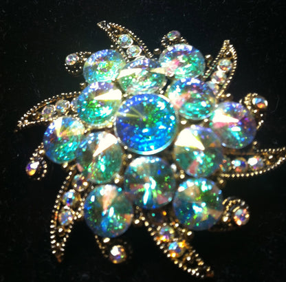 Vintage Jewelry 1940s Brooch, Wedding, Rhinestone, Aurora Borealis, Floral