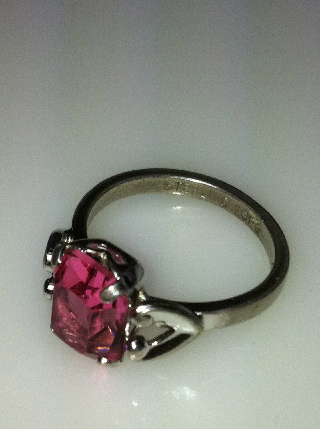 1950s STERLING SILVER Ring, Hot Pink Ring, Size 6,