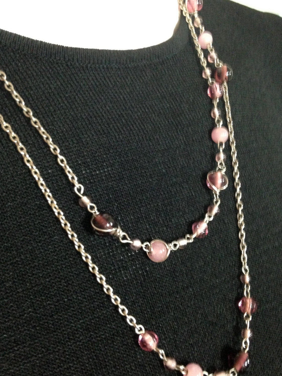 VICTORIAN STYLE Necklace, Chain Necklace with Purple and Pink Beads. Bead Necklace, Long Necklace     44"