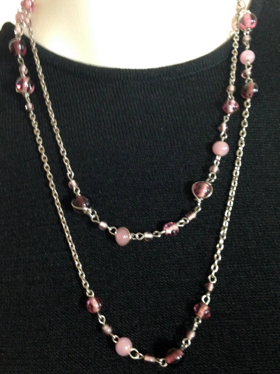 VICTORIAN STYLE Necklace, Chain Necklace with Purple and Pink Beads. Bead Necklace, Long Necklace     44"