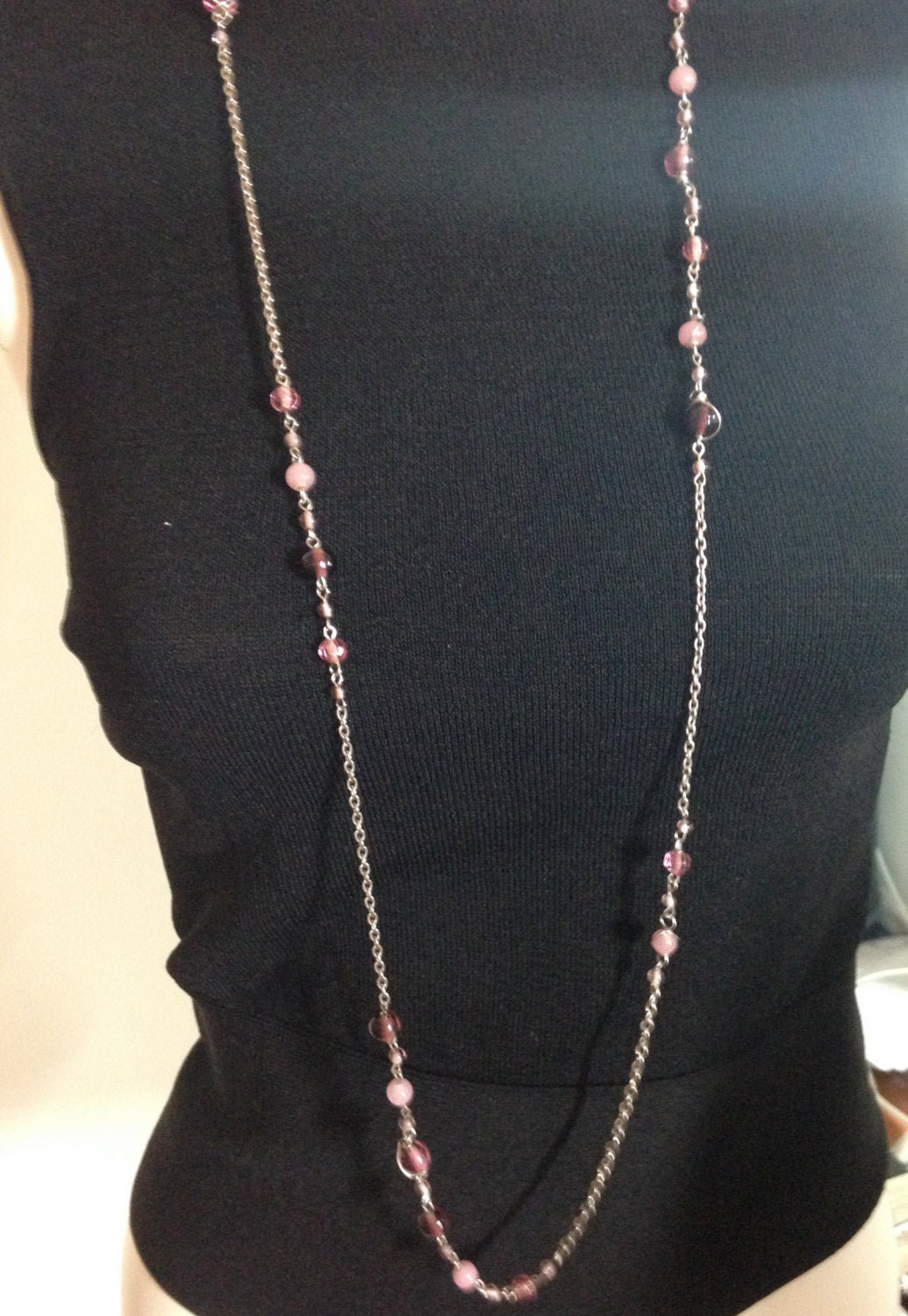 VICTORIAN STYLE Necklace, Chain Necklace with Purple and Pink Beads. Bead Necklace, Long Necklace     44"